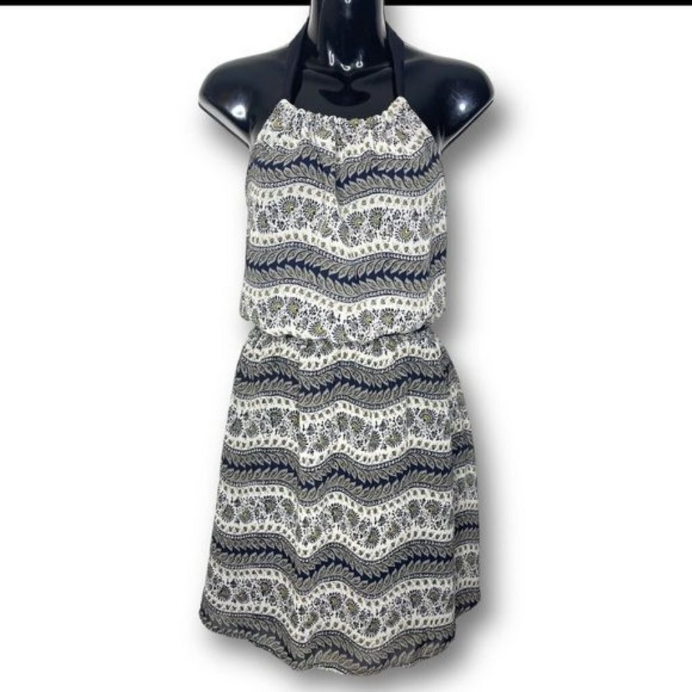 Honey Punch Size L Cream Navy Yellow Boho Open Back Flowy Chiffon Halter Dress